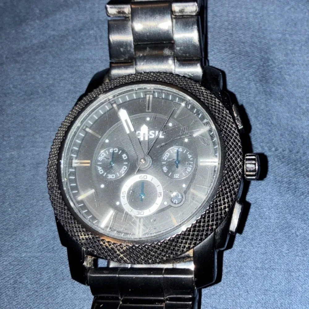 Fossil Machine Black Stainless Steel Chronograph Mens Watch Textured Bezel